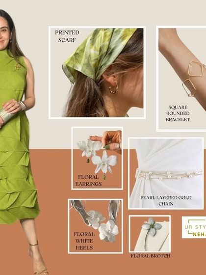 In this final styling board, I'm showing a floral-themed look with the Estelle Tunic. A printed scarf, floral accessories, and delicate heels create a soft, feminine, and romantic outfit.