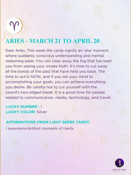 A weekly tarot prediction for Aries. The cards signify an 'aha' moment where you can clear away the fog that has kept you from seeing your innate truth. The time to act is now.