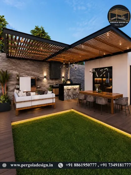 A luxurious outdoor living space perfect for entertaining. This large pergola covers a full outdoor kitchen, bar, and dining area, all set in a beautifully landscaped backyard.