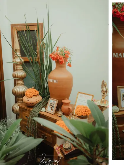 A collage showing the "Maitri" name reveal corner, a central and emotional part of the housewarming celebration.