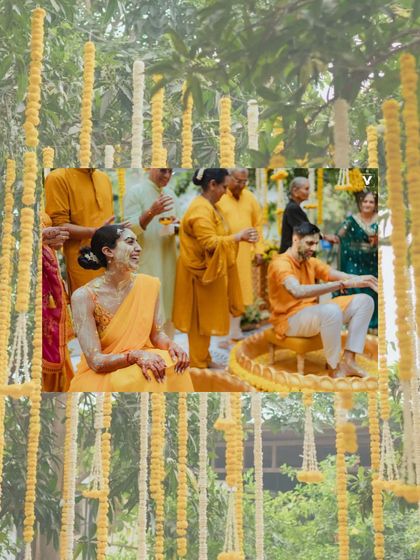 A collage capturing the joy of the Haldi ceremony, with the bride and groom being showered with love and turmeric under a canopy of hanging marigolds.