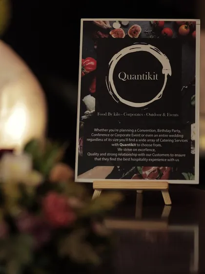 My branding on display at an event. This sign details my services for corporate events, outdoor parties, and weddings, emphasizing my focus on quality, strong relationships, and providing the best hospitality experience.