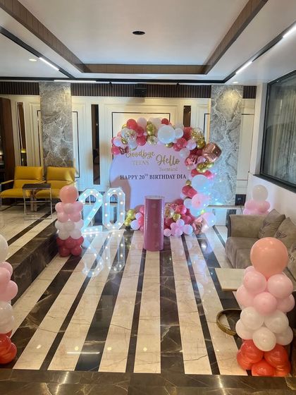 The full lobby setup for the 20th birthday party.