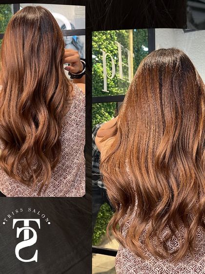 This image showcases a hair edit from the salon, featuring a beautiful color with both crimped and wavy textures, showing the versatility of the style.