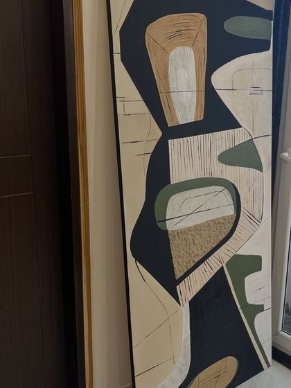 A detail shot of the large Mumbai abstract, showing the combination of painted shapes, etched lines, and textured sections.