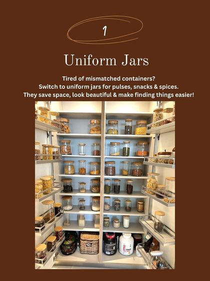 Tired of mismatched containers? Switch to uniform jars for pulses, snacks, and spices. They save space and look beautiful.