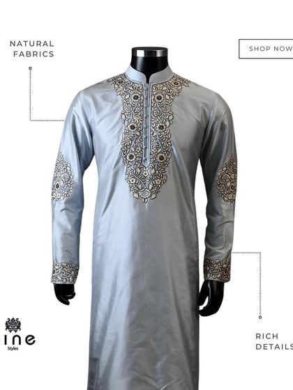 This powder blue kurta is elevated with rich, detailed embroidery around the neckline and on the sleeves. It's a perfect example of how we use natural fabrics and fine craftsmanship.