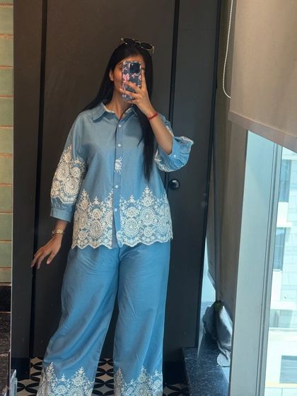 A beautiful blue co-ord set with lace details. This is another one of my favorite summer finds, perfect for a chic, monochrome look.