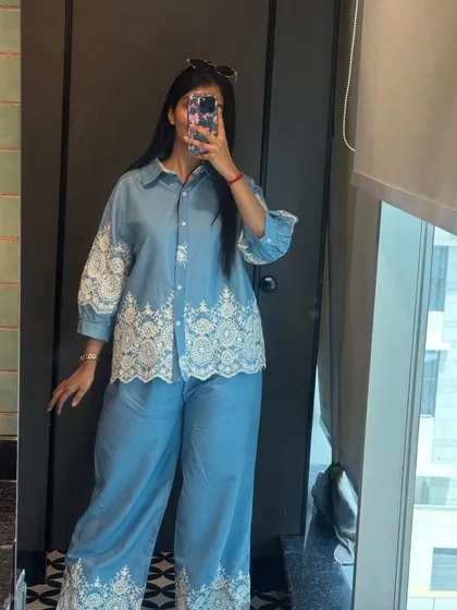 A beautiful blue co-ord set with lace details. This is another one of my favorite summer finds, perfect for a chic, monochrome look.