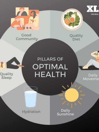 An infographic on the Pillars of Optimal Health, including community, diet, movement, sleep, and more. We believe in a holistic approach.
