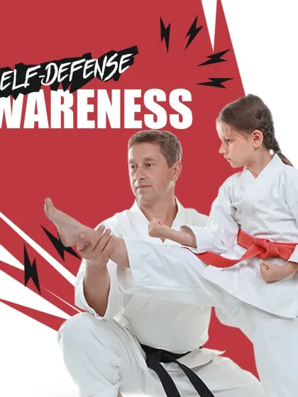 Self-defense starts with awareness. We teach our students, including children, to be alert and prepared. This image of a young girl learning to block a kick shows our commitment to empowering the next generation.