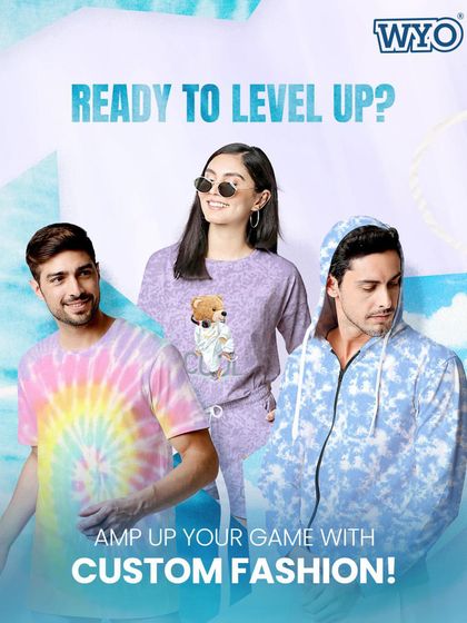 "Ready to level up? Amp up your game with custom fashion!" A collage of models in various printed apparel like tie-dye tees and hoodies.