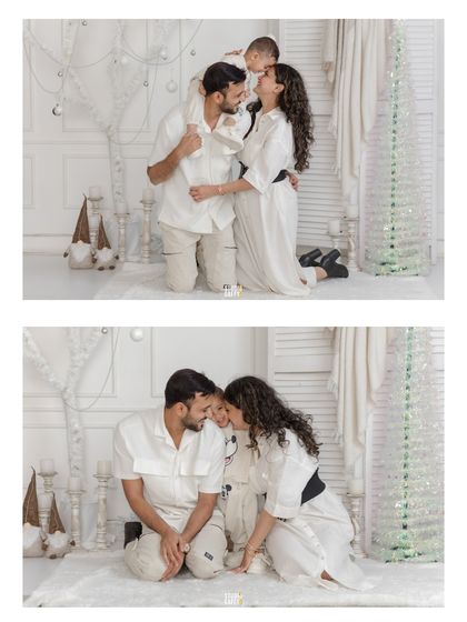 A collage of tender family moments from the white Christmas session.