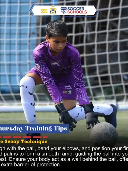 A Thursday Training Tip for our goalkeepers. This graphic explains the 'Scoop Technique', a fundamental skill for handling low shots safely and building confidence.