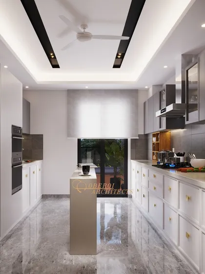 A modern parallel kitchen with a minimalist island, handleless white cabinets, and sleek grey upper units. The design prioritizes clean lines and functionality.
