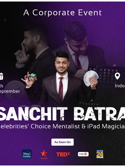 Heading to Indore for another corporate event. This poster highlights my diverse skills, from Rubik's cube magic to card illusions and digital sleight of hand.