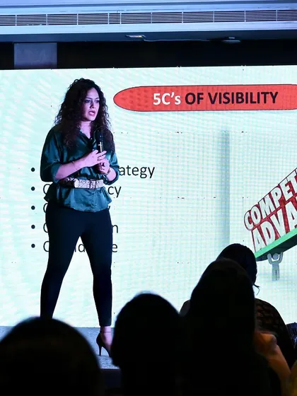 Presenting my '5Cs of Visibility' framework during a leadership program. This model provides a clear strategy for professionals to build their personal brand through content, consistency, credibility, connection, and confidence.