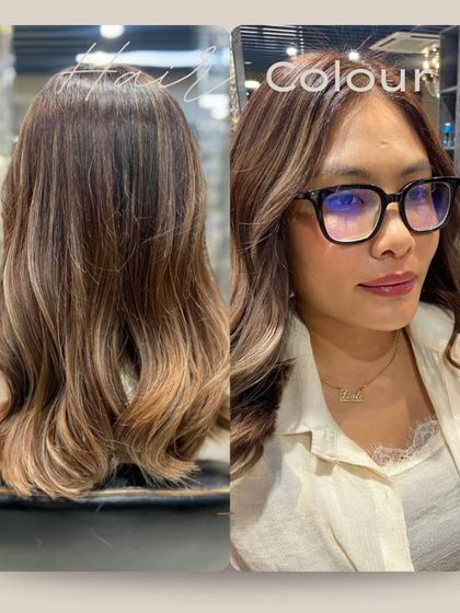 A collage showing the transformation to a chic balayage with a trendy money piece. The client looks stylish and confident in her new look.