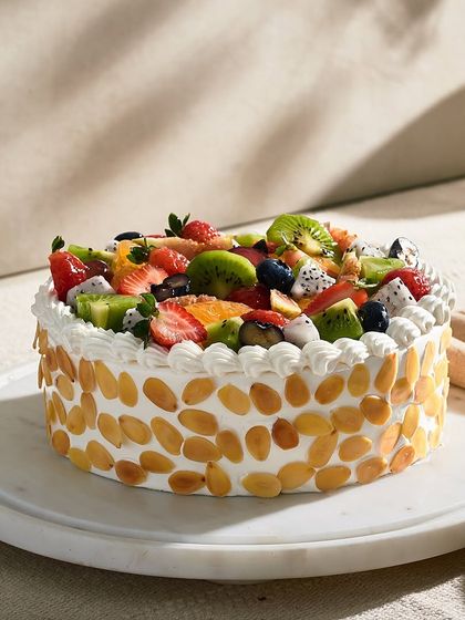 My Fresh Fruit Gateau, a lighter option for celebrations. It's a vanilla sponge cake decorated with toasted almond flakes and a vibrant assortment of fresh, seasonal fruits.