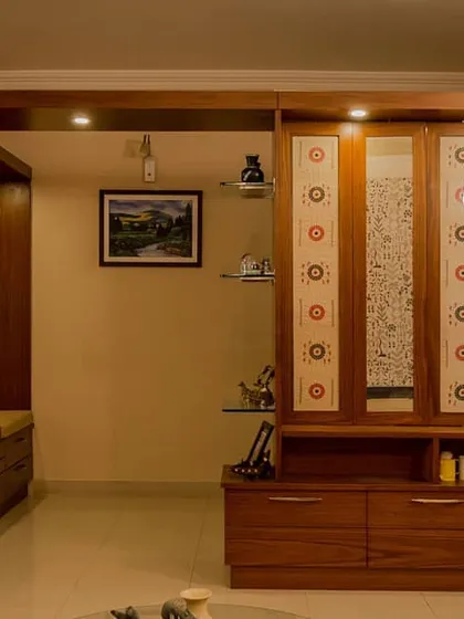 This image shows the partition with a mix of patterns, highlighting its versatility. It serves as both a functional room divider and a changeable piece of art.