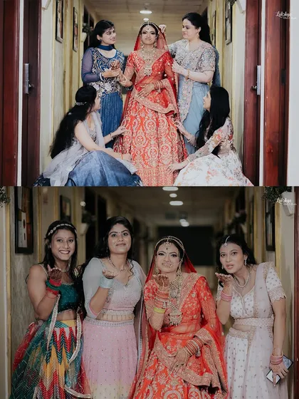 The bride and her bridesmaids sharing some fun before the ceremony. These photos capture the excitement and friendship that are such an important part of the wedding day.