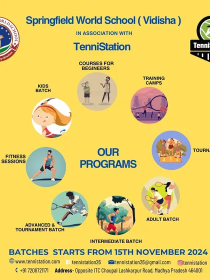 Announcing our new programs at Springfield World School in Vidisha. We offer batches for kids, beginners, intermediate players, and adults, with dedicated fitness and tournament training.