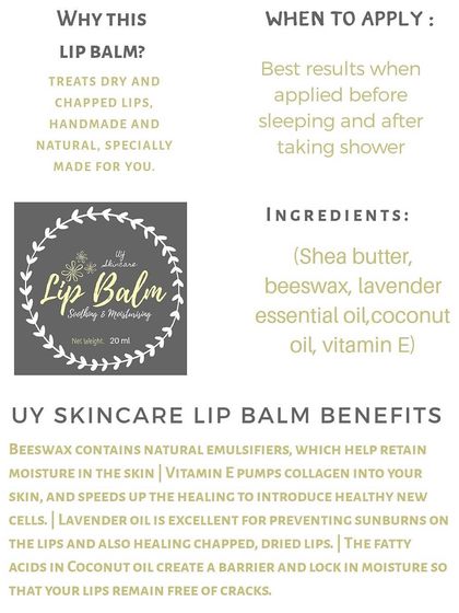 Here are the details for my Shea Lavender Lip Balm. I list all the ingredients like shea butter, beeswax, and vitamin E, so you know exactly what you're putting on your skin.