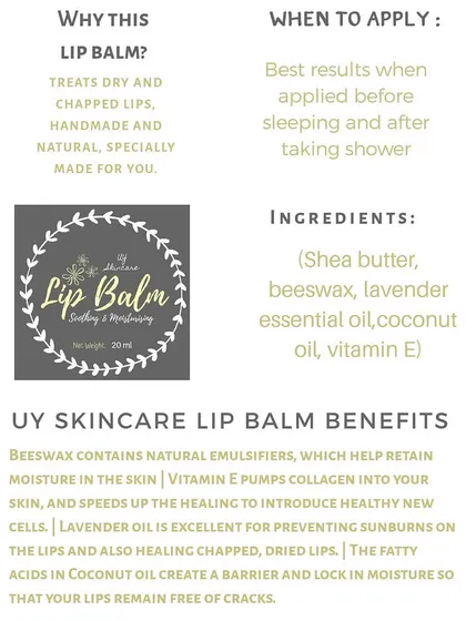 Here are the details for my Shea Lavender Lip Balm. I list all the ingredients like shea butter, beeswax, and vitamin E, so you know exactly what you're putting on your skin.