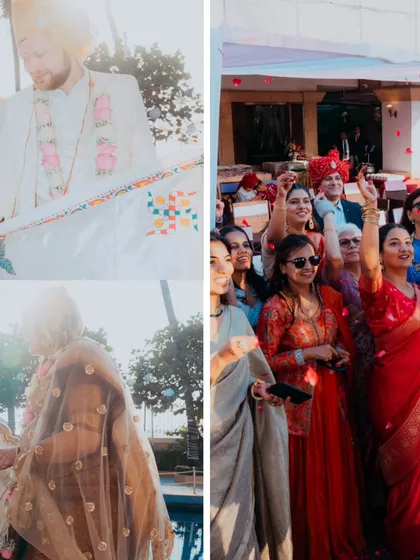 A split view of the wedding, showing the couple's grand entrance and the happy reactions of their guests, capturing the full scope of the celebration.