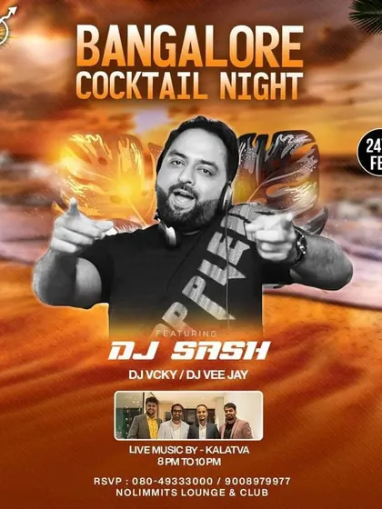 A poster for a Bangalore Cocktail Night, featuring a live band warm-up followed by my main DJ set.