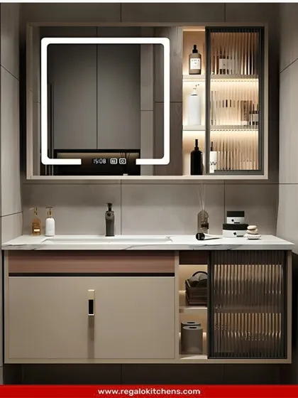 This vanity is packed with smart features, including a mirror with a digital clock and anti-fog function. The mix of drawers and fluted glass cabinets offers versatile storage.