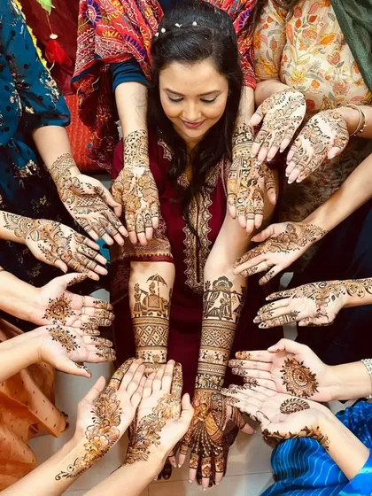 Mehendi is a celebration for everyone. While I focus on creating a personalized masterpiece for the bride, my team ensures that her entire bridal party, her bridesmaids and family, receive beautiful and intricate designs of their own.