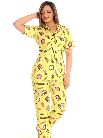 For all the makeup lovers, I designed this vibrant yellow set featuring lipsticks, brushes, and compacts. It's a fun, quirky print that adds a pop of color and personality to your loungewear, made from the same breathable cotton you love.