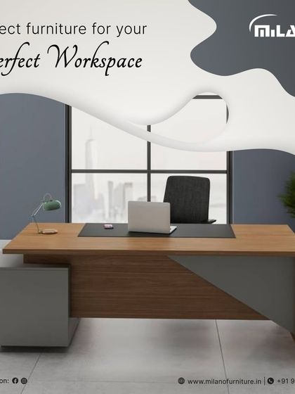 A perfect workspace starts with the right desk. This piece features a modern design with a combination of wood grain and solid grey, an integrated side cabinet for storage, and a sleek profile suitable for any manager's cabin or home office.