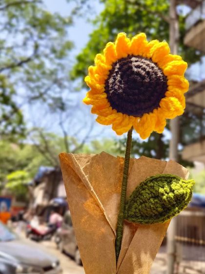 Here is one of my single crochet sunflowers, wrapped and ready to be gifted. It’s a simple, beautiful piece that can brighten up any space.