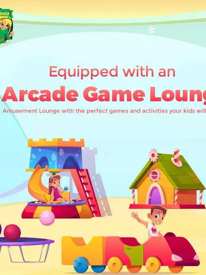 A graphic highlighting our well-equipped Arcade Game Lounge as a key feature for kids to enjoy.