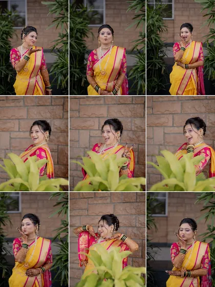 A fun collage of a bride's many moods and playful poses, showcasing her personality and beautiful traditional Maharashtrian attire.