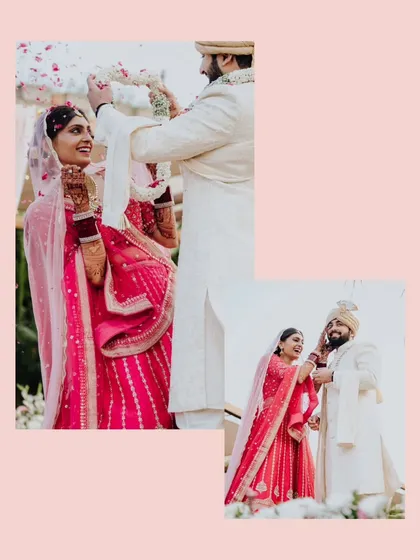A collage of the playful and sweet Varmala exchange between Mohit and Shikha.
