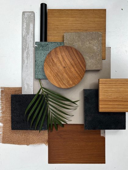 This mood board captures the essence of the 'Home of Stories' project. It shows the combination of natural materials like wood and stone, earthy textures, and a grounded color palette that defines the space.