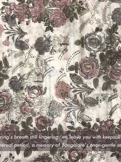 'Songs of a Vintage Spring' is our debut saree collection with the label Dhi. It is a celebration of sustainable craft, using 70+ year old teak blocks from our archive to create wearable art that tells a story of Bangalore's seasons.