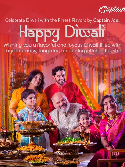 Wishing you a flavorful and joyous Diwali. This image shows a family celebrating together over an exquisite feast, illustrating how my catering service can enhance the togetherness and joy of the festival of lights.