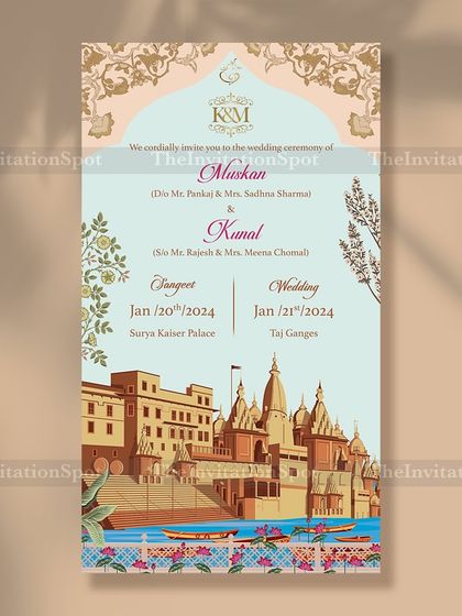 A Banaras theme save the date that is both traditional and artistic. This static card features a beautiful illustration of the ghats of Varanasi, setting a serene and spiritual tone for the upcoming wedding.