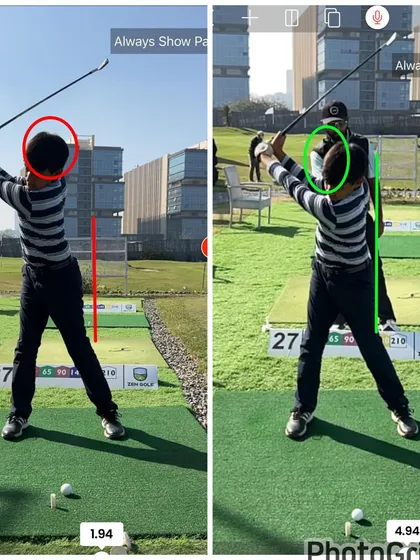 At the top of the backswing, the "after" image shows a more controlled and centered position, eliminating the previous reverse pivot tendency.
