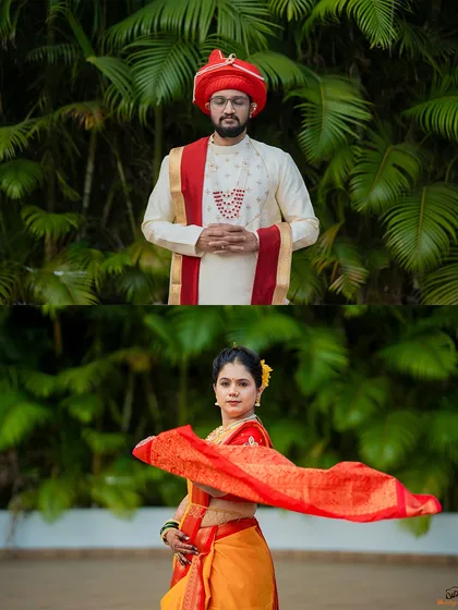 A diptych of the groom in his traditional sherwani and the bride showing off her flowing saree, creating a sense of movement.