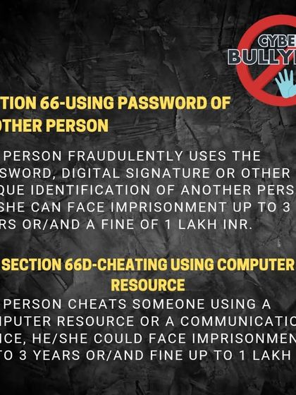 This graphic covers two important laws. Section 66 makes it illegal to fraudulently use someone else's password or digital signature. Section 66D deals with cheating using a computer, which covers many online scams.