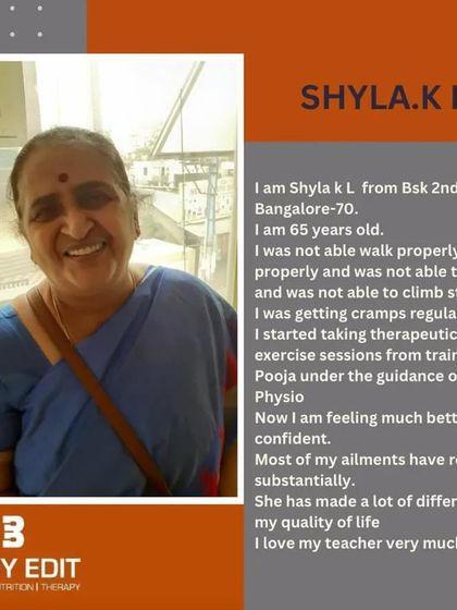 This is Shyla, a 65-year-old client who regained her confidence and quality of life through our therapeutic exercise sessions. She is now able to walk, sit, and climb stairs without the regular cramps she used to experience.