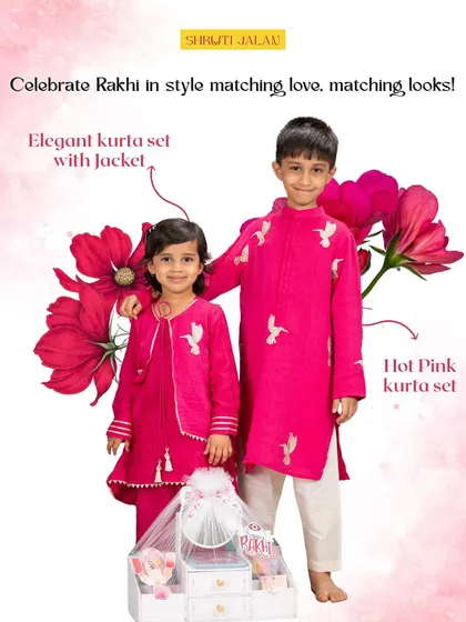 Another beautiful Rakhi-ready set, this time with the brother in a hot pink kurta and the sister in a matching kurta set with an elegant jacket.