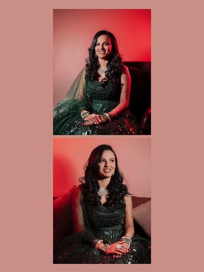 A diptych of the bride's portraits, with dramatic red lighting. Her elegant green lehenga and serene expressions create a sophisticated and moody look.