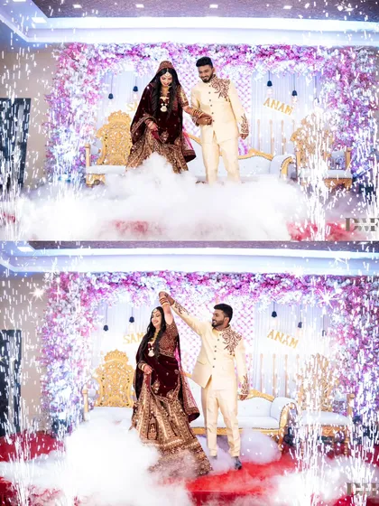 A collage showing the couple's grand entrance at their Muslim wedding reception, complete with smoke and pyrotechnics.