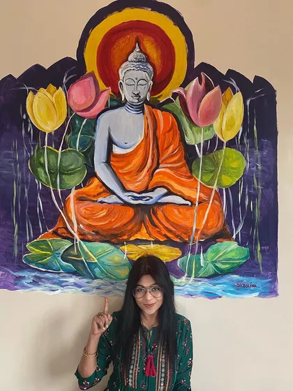 This large-scale Buddha mural was created for a yoga studio, designed to be the centerpiece of a calm and meditative environment. I specialize in creating such spiritual art that transforms a commercial or personal space into a sanctuary.